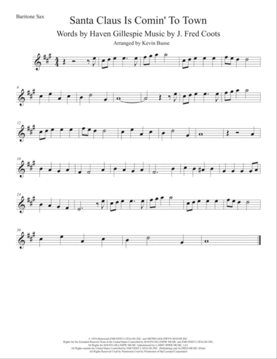 Santa Claus Is Comin' To Town Baritone Saxophone scores gallery preview page 1