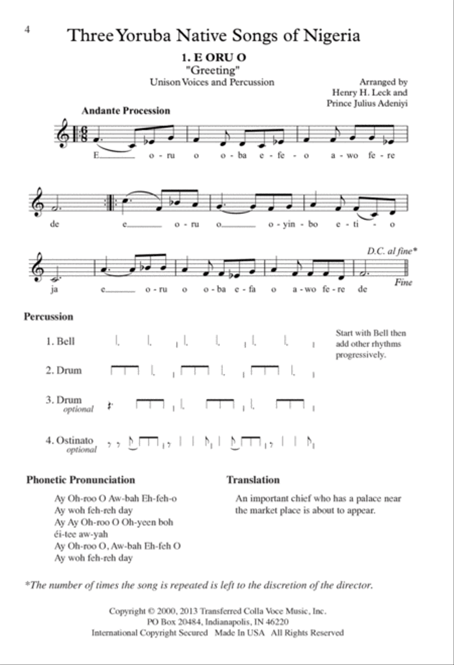 Three Yoruba Native Songs of Nigeria Unison Choir scores gallery preview page 2