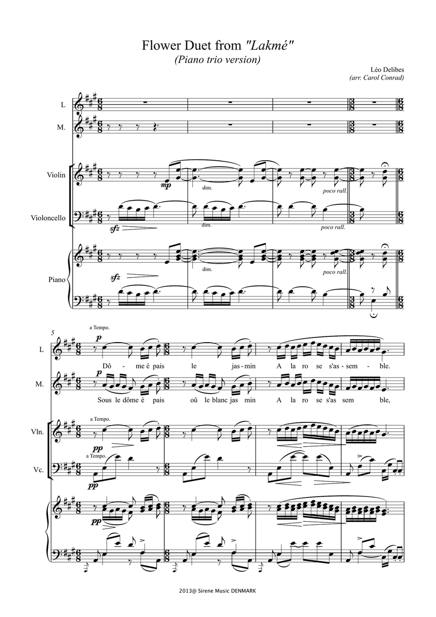 Flower Duet from Lakmé, arranged for 2 voices and piano trio Piano Trio scores gallery preview page 1