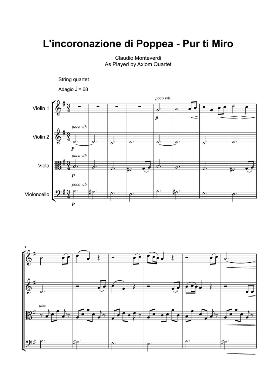 Pur Ti Miro (L'Incoronazione di Poppea) - Score Only String Quartet scores gallery preview page 1