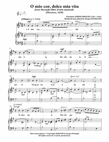 FRESCOBALDI Girolamo: O mio cor, dolce mia vita, aria, arranged for Voice and Piano (G major) image number null