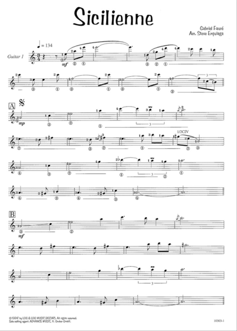 Steve Erquiaga's Arrangements for 2 Guitars -- Sicilienne Small Ensemble scores gallery preview page 2