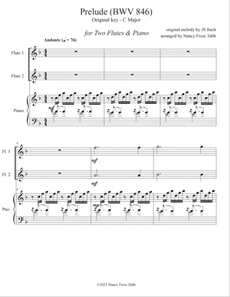 Bach Prelude for Two Flutes & Piano (BWV 846) Flute Duet scores gallery preview page 2