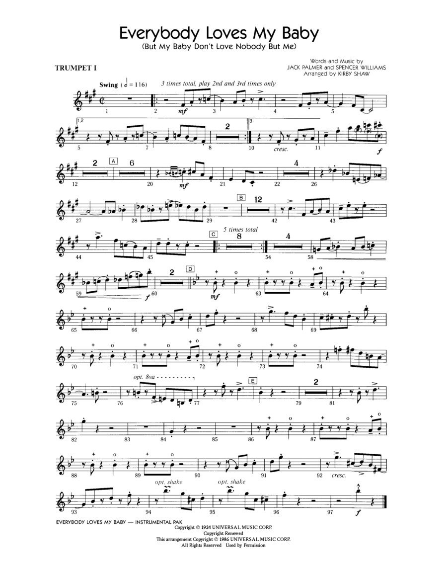 Everybody Loves My Baby (But My Baby Don't Love Nobody But Me) - Trumpet 1 Choir scores gallery preview page 1