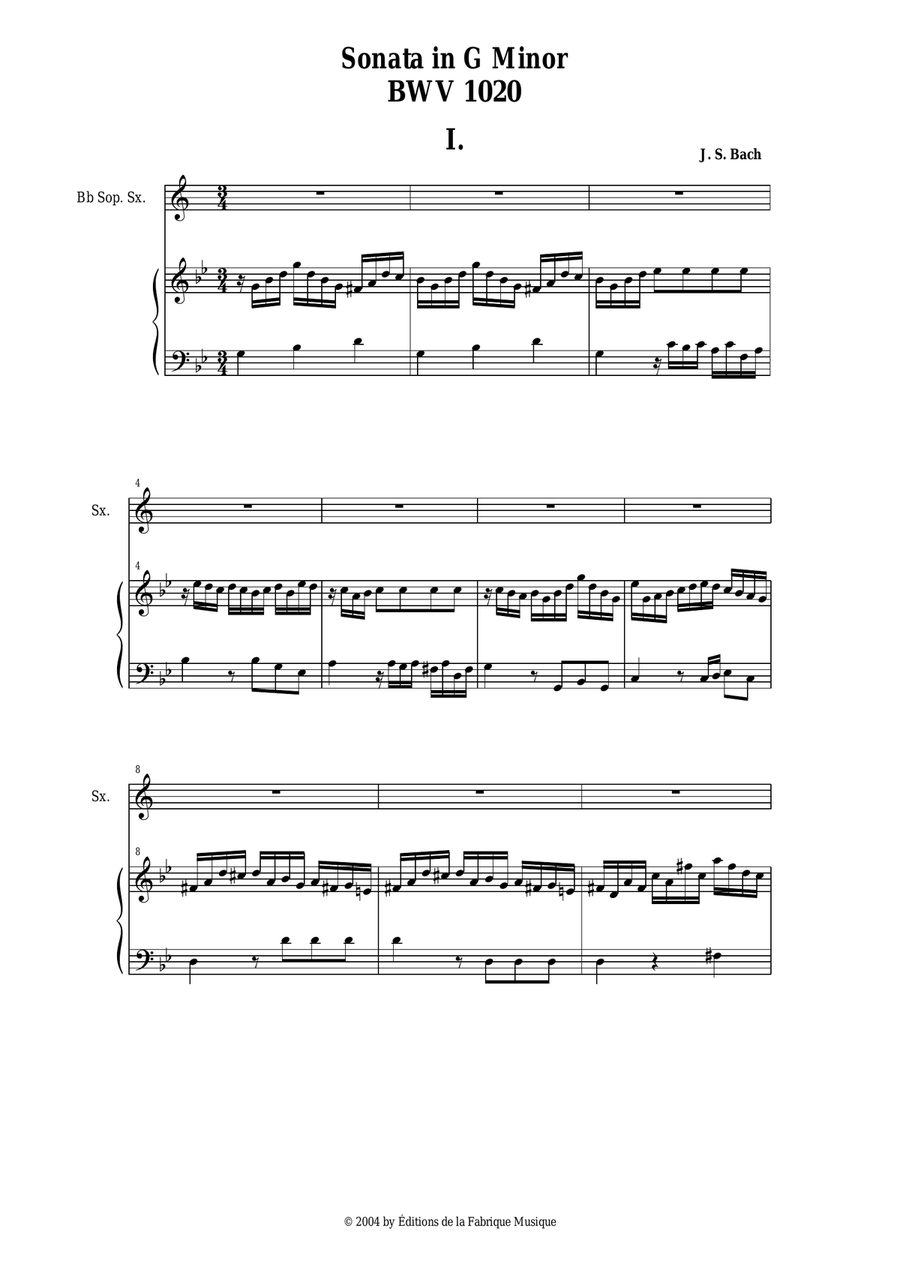 J. S. Bach: Sonata in g minor, bwv 1020, arranged for soprano saxophone and piano or harp Small Ensemble scores gallery preview page 2