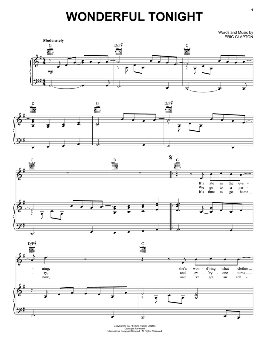Wonderful Tonight Piano, Vocal scores gallery preview page 1