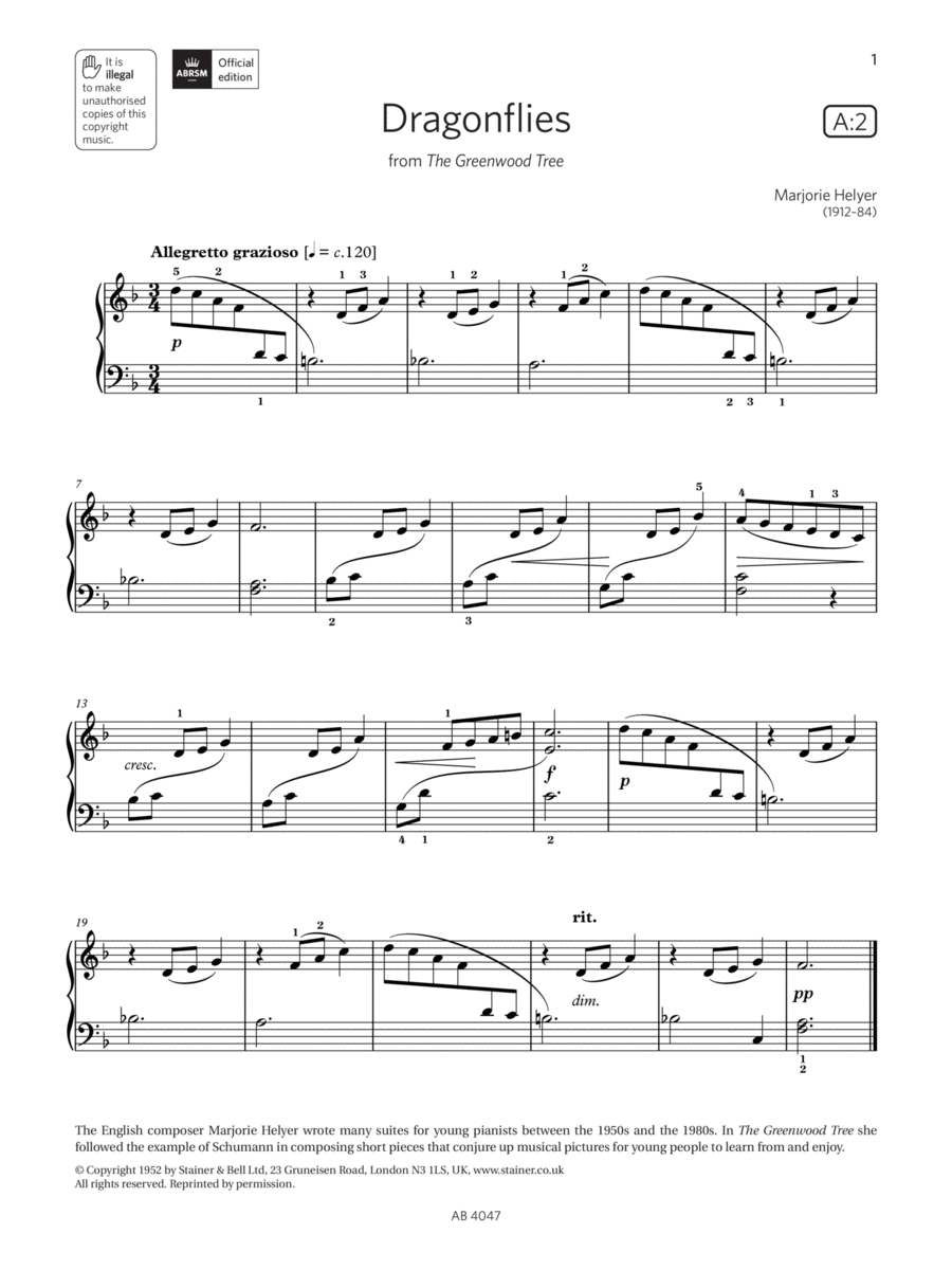 Dragonflies (Grade 1, list A2, from the ABRSM Piano Syllabus 2023 & 2024) Piano Method scores gallery preview page 1