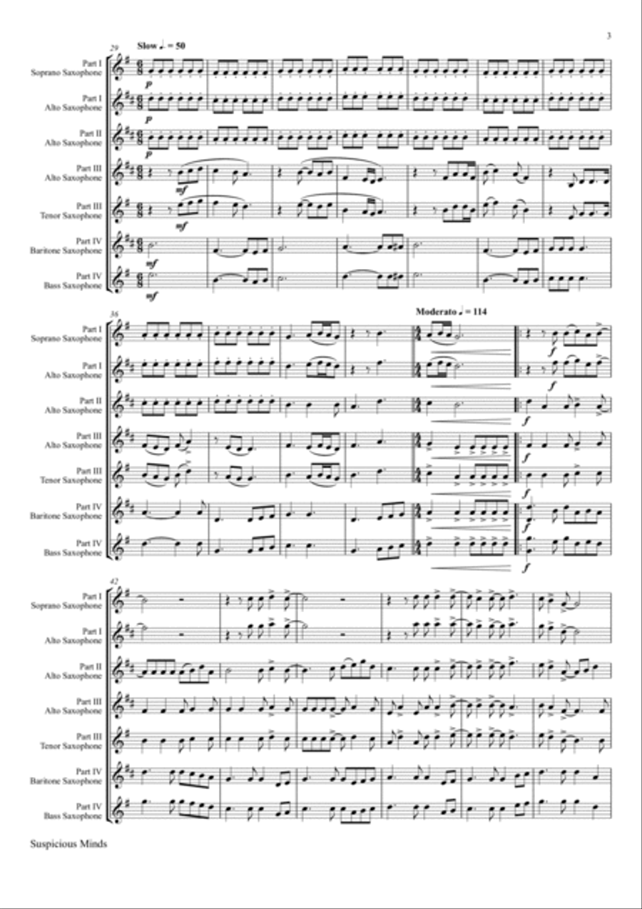 Suspicious Minds Saxophone Quartet scores gallery preview page 3