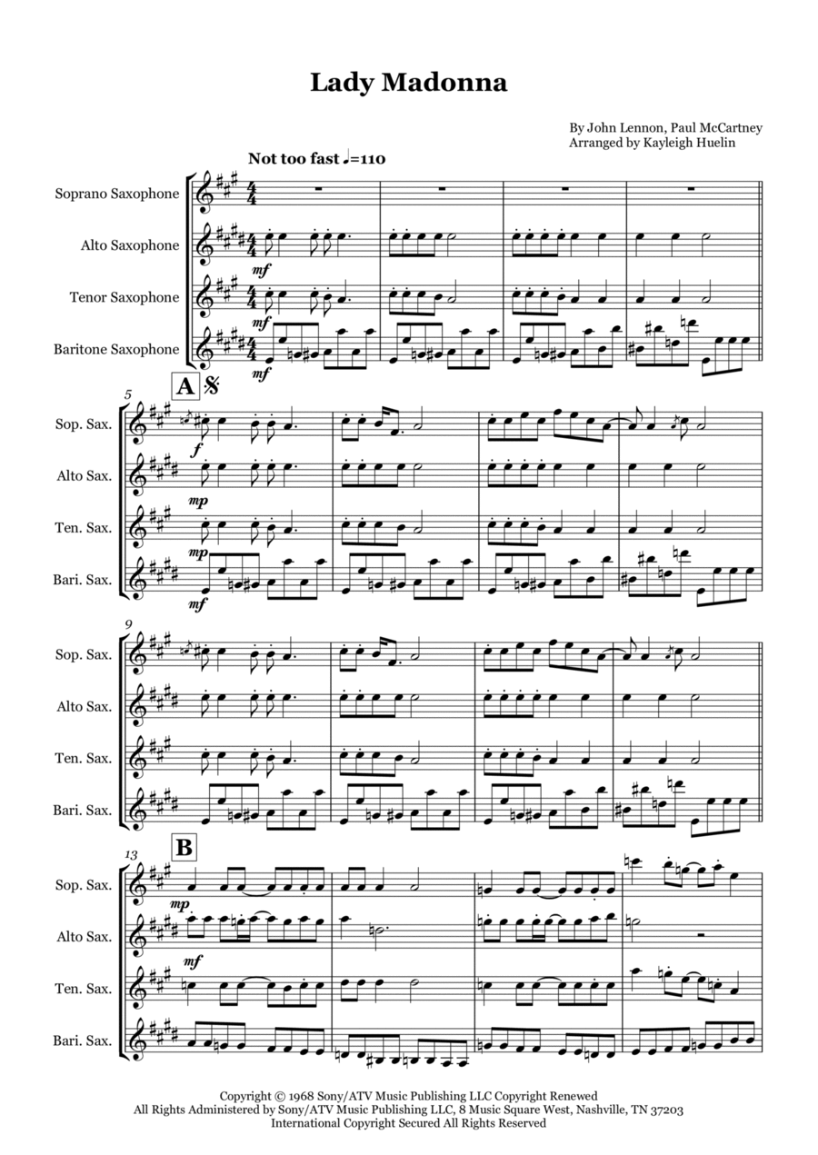 Lady Madonna Saxophone Quartet scores gallery preview page 1