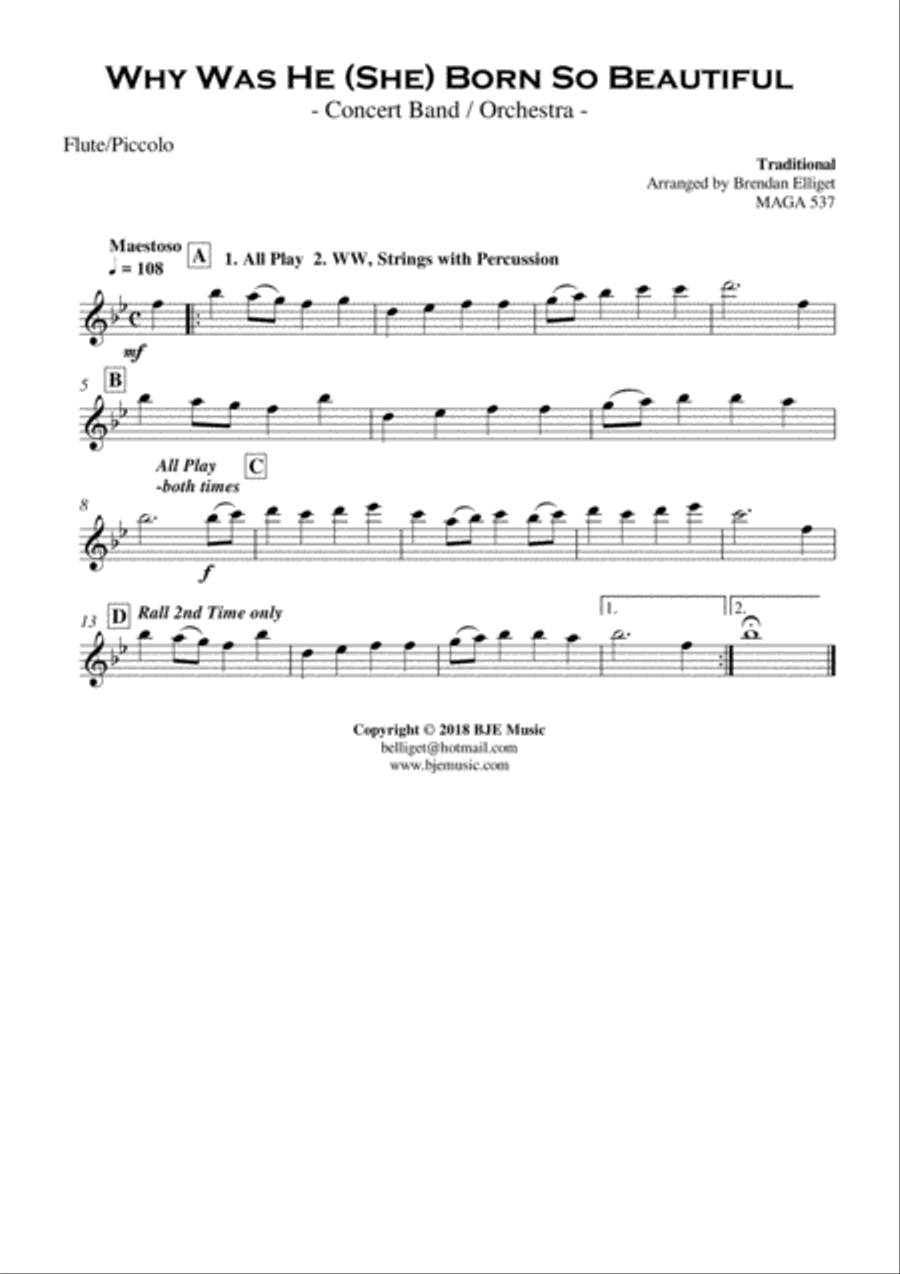 Why Was He (She) Born So Beautiful - Concert Band - Orchestra Score and Parts PDF image number null