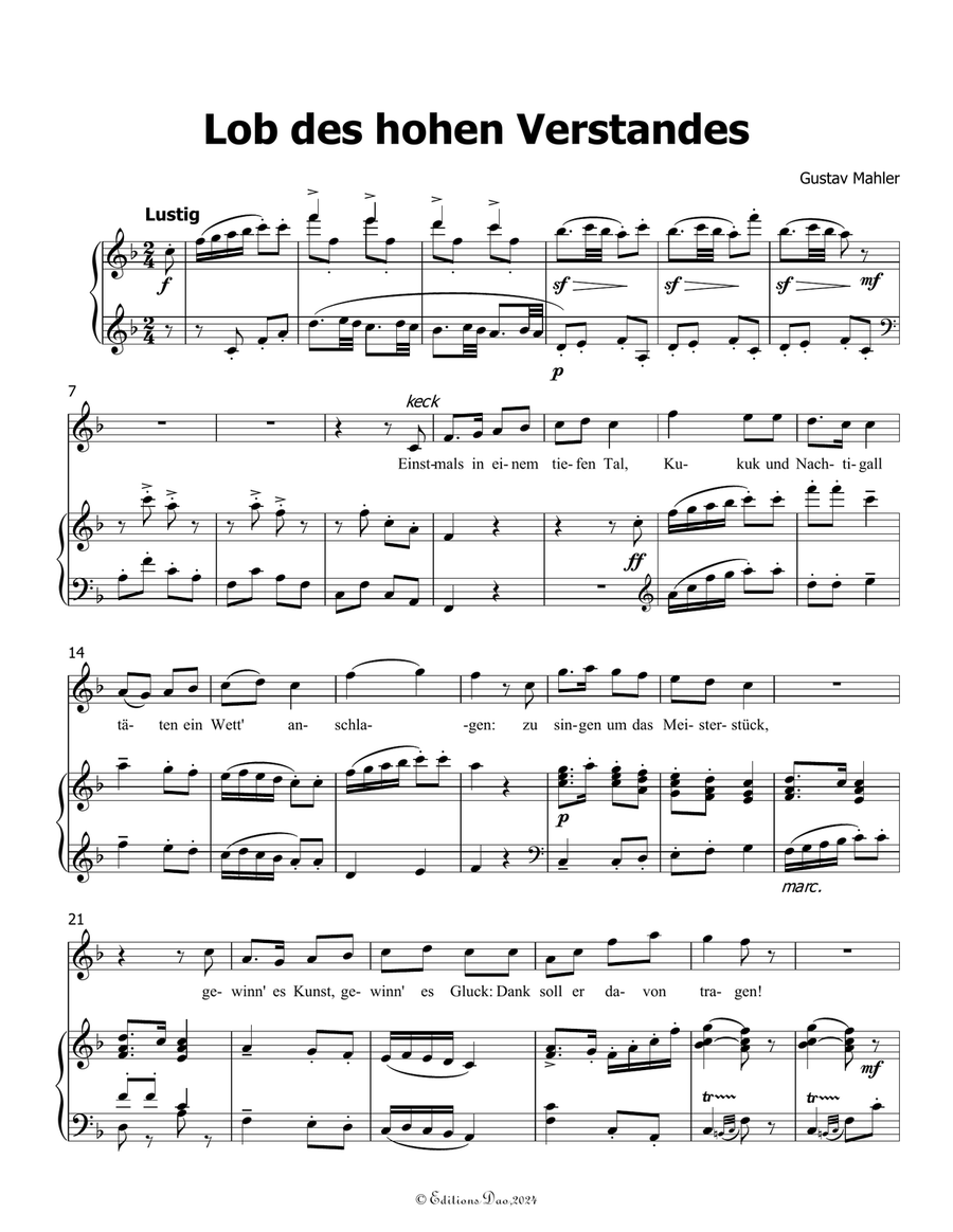 Lob des hohen Verstandes, by Mahler, in F Major Piano, Vocal scores gallery preview page 3