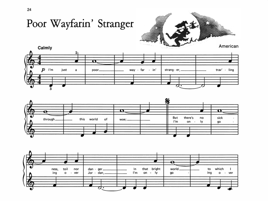 Poor Wayfarin' Stranger - Piano Solo with Lyrics (with Optional Duet Accompaniments) Piano scores gallery preview page 1