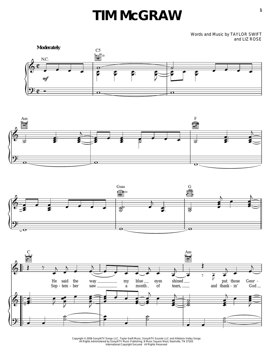 Tim McGraw Tim McGraw Piano, Vocal, Guitar scores gallery preview page 1