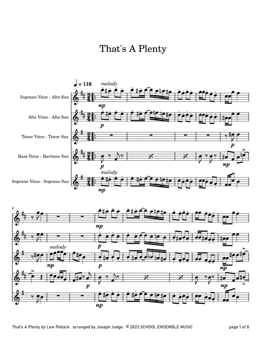 That's A Plenty by Pollack for Saxophone Quartet in Schools Saxophone Quartet scores gallery preview page 1