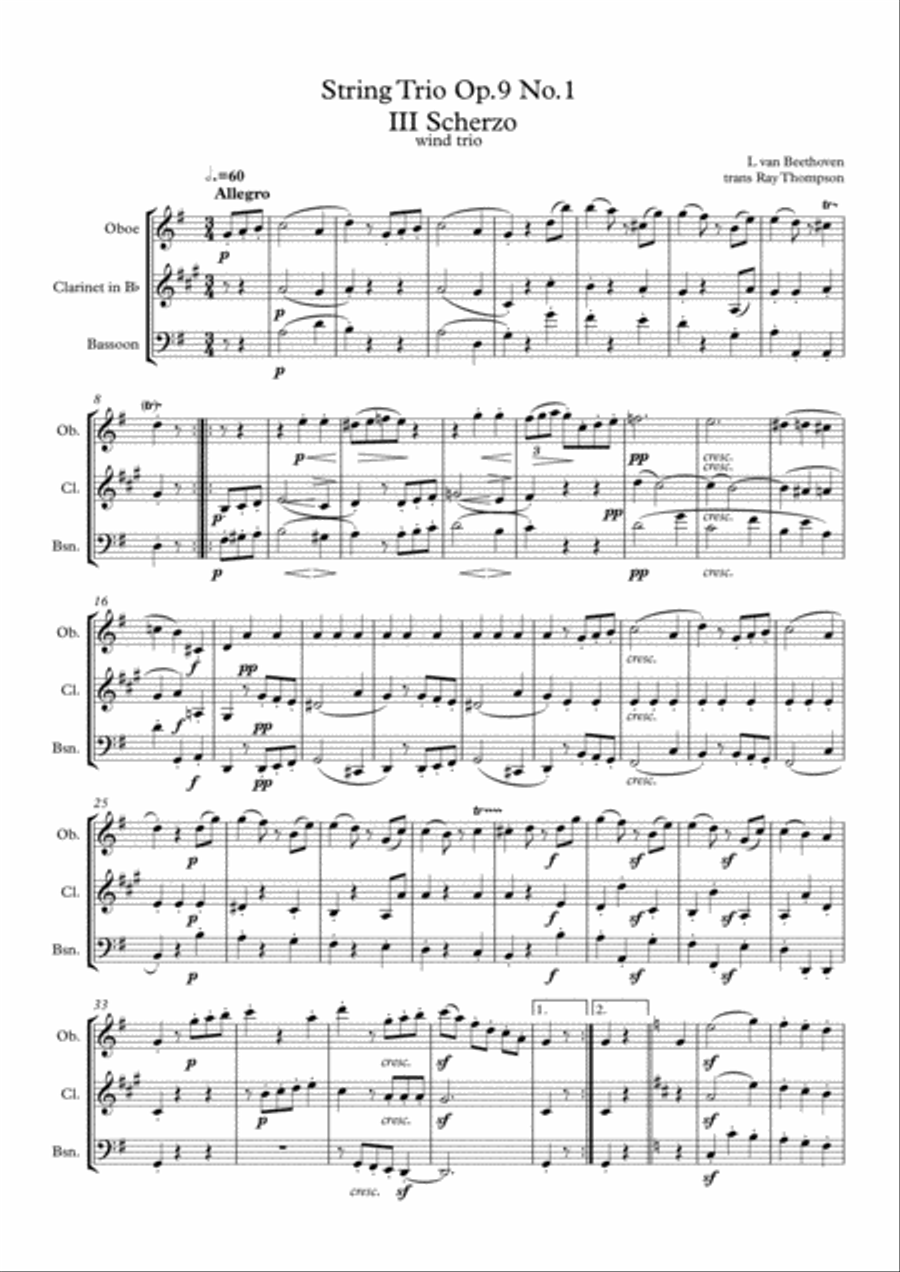Beethoven: String Trio No.3 in G Op.9 No.1 Mvt.III Scherzo - woodwind trio Woodwind Quintet scores gallery preview page 1