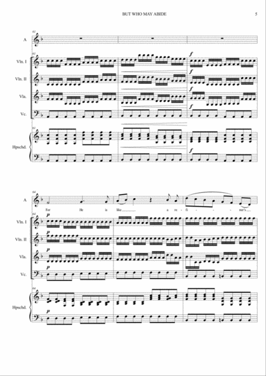 BUT WHO MAY ABIDE - Messiah - For Alto, String Quartet and Harpsichord Small Ensemble scores gallery preview page 5