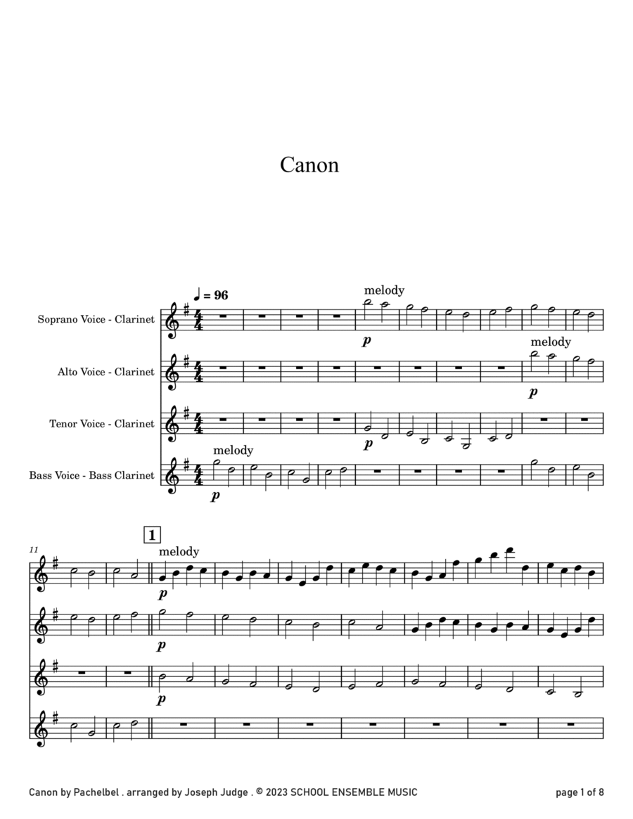 Canon by Pachelbel for Clarinet Quartet in Schools Clarinet Quartet scores gallery preview page 1