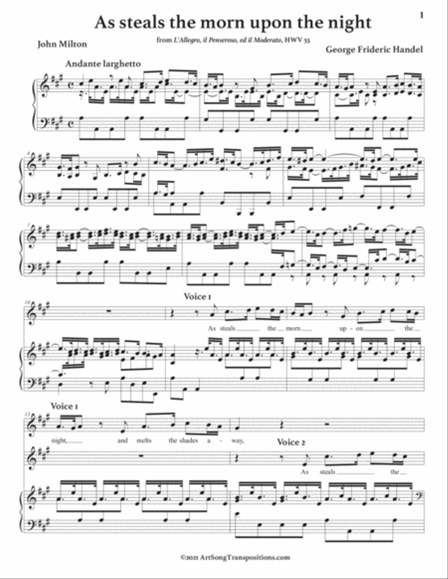 HANDEL: As steals the morn upon the night (transposed to A major) Piano scores gallery preview page 2