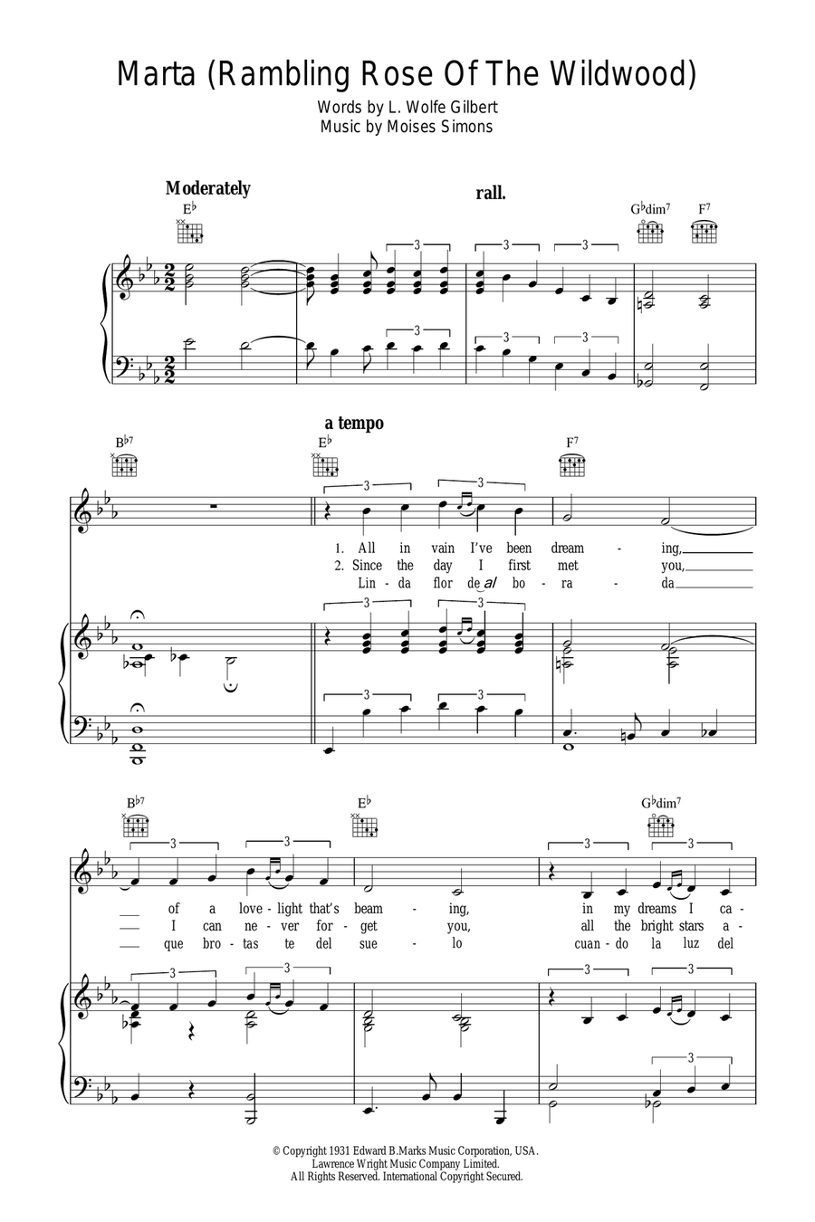 Marta (Rambling Rose Of The Wildwood) Piano, Vocal, Guitar scores gallery preview page 1