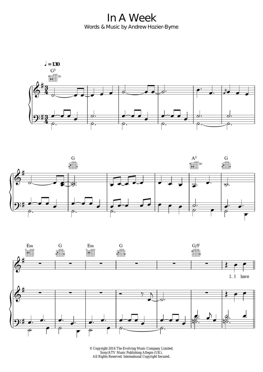 In A Week Piano, Vocal, Guitar scores gallery preview page 1