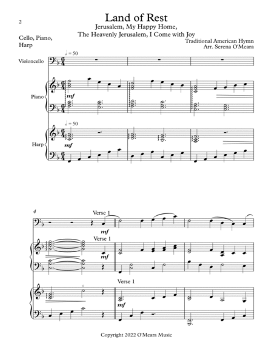 Land of Rest, Trio for Cello, Harp, Piano Cello scores gallery preview page 2