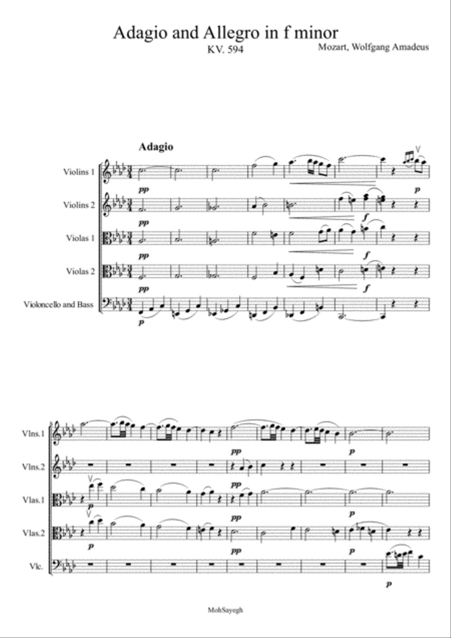 Adagio and Allegro, KV. 594 for string orchestra String Orchestra scores gallery preview page 1