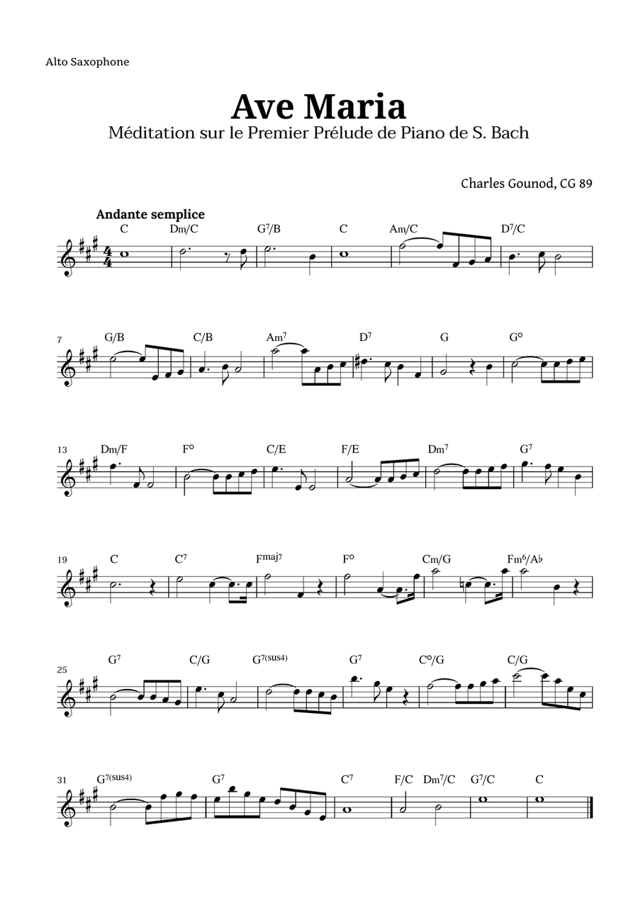 Ave Maria by Gounod for Alto Sax with Chords Alto Saxophone scores gallery preview page 1