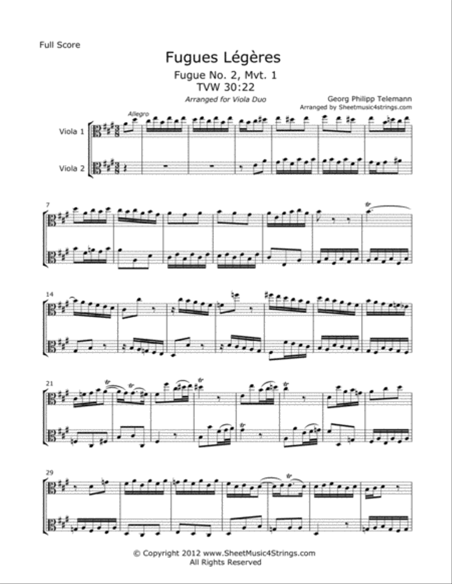 Telemann, G. - Fugues Legeres for Two Violas String Duet scores gallery preview page 1