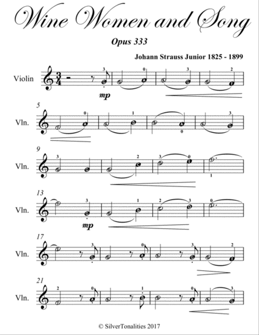 Wine Women and Song Opus 333 Easy Violin Sheet Music