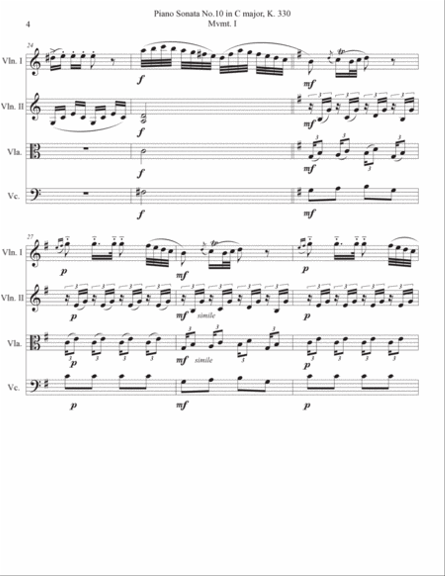 Piano Sonata No.10 in C major, K. 330 Mvmt. I String Quartet scores gallery preview page 4