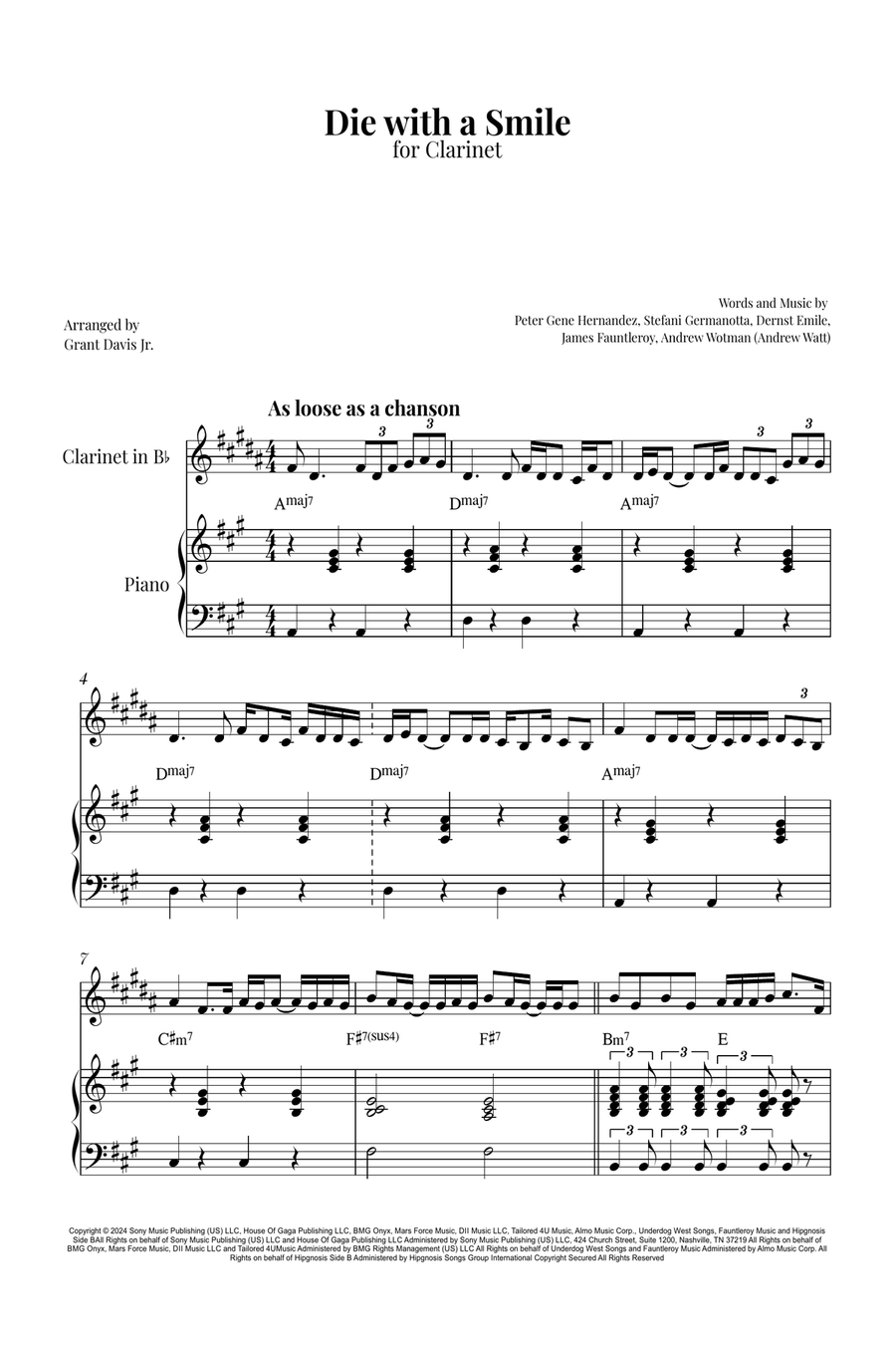 Die With A Smile B-Flat Clarinet scores gallery preview page 1