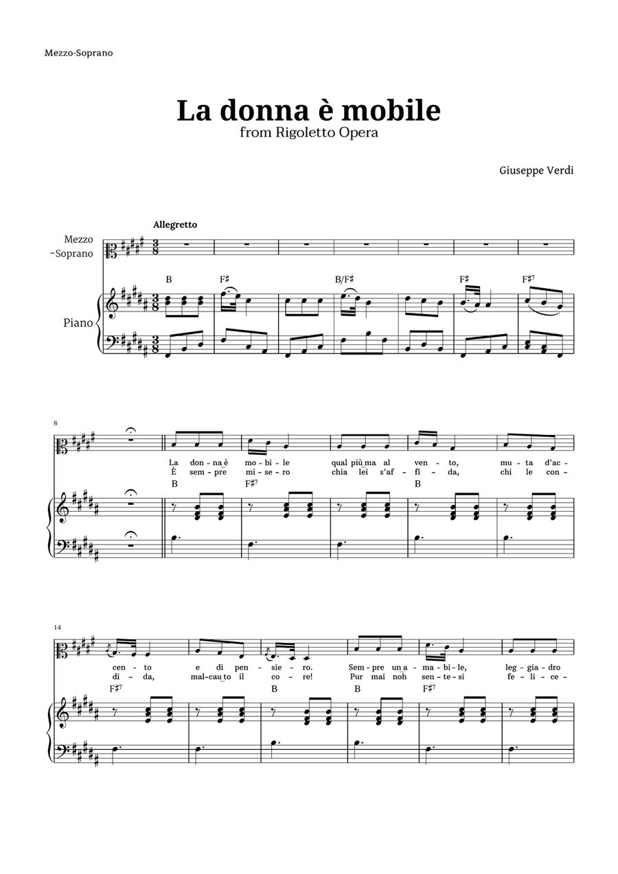La donna è mobile by Verdi for Mezzo Soprano and Piano Piano, Vocal scores gallery preview page 1