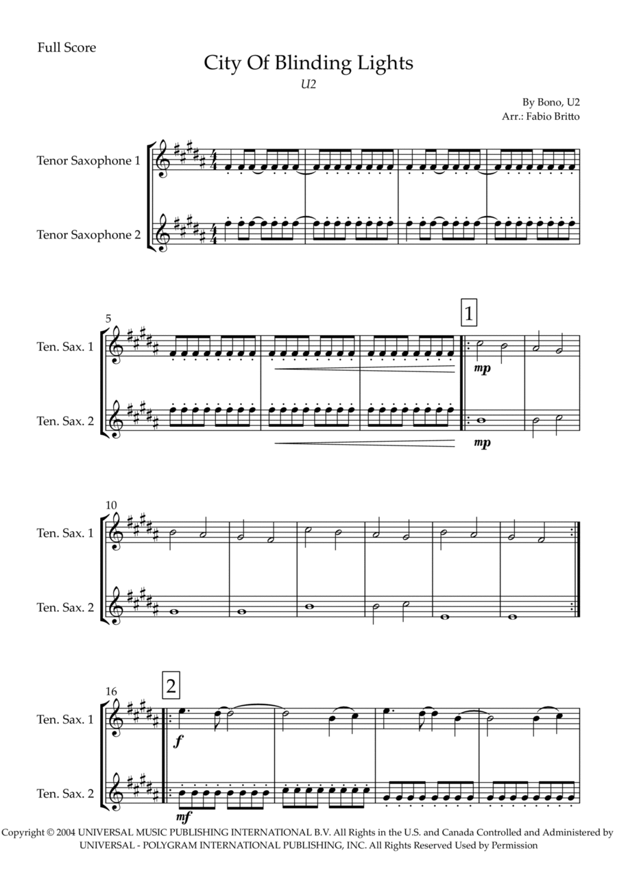 City Of Blinding Lights Woodwind Duet scores gallery preview page 1