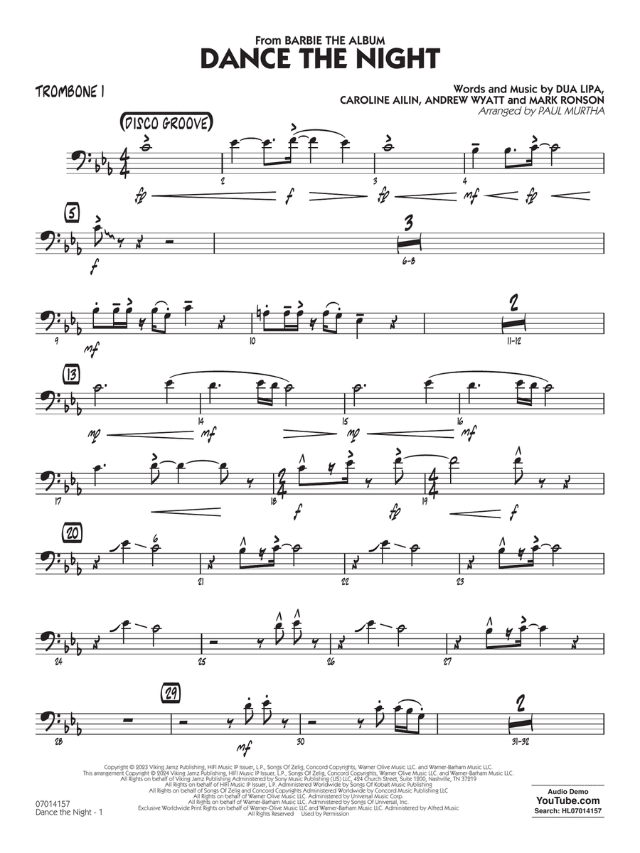Dance The Night (from Barbie) (arr. Murtha) - Trombone 1