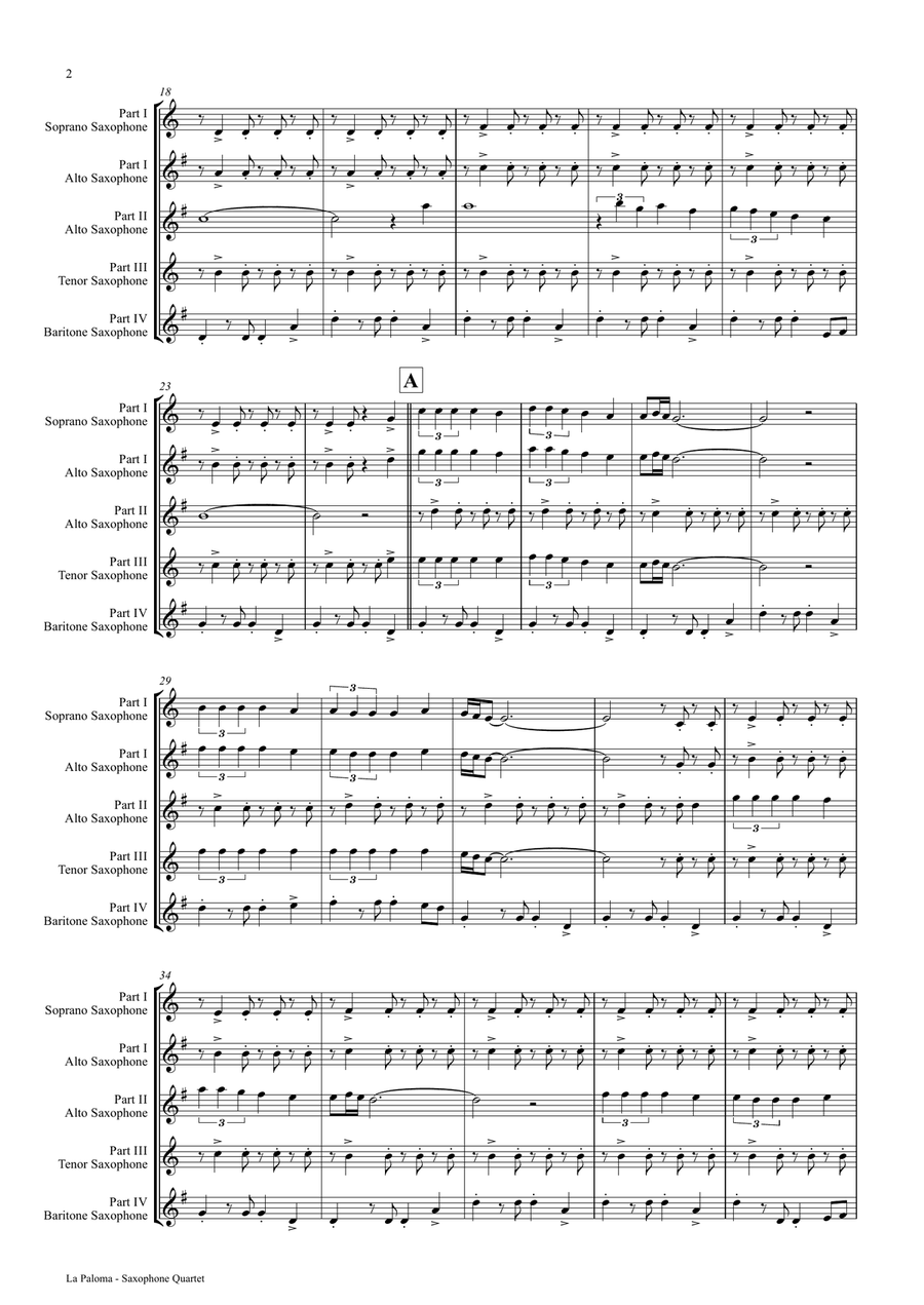 La Paloma - Spanish Habanera - Saxophone Quartet H - Arrangement: Thomas H. Graf Saxophone Quartet scores gallery preview page 2