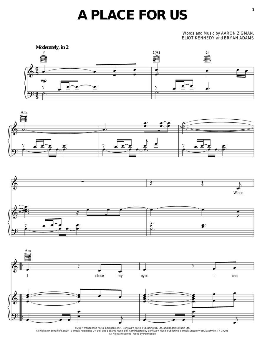A Place For Us Piano, Vocal, Guitar scores gallery preview page 1