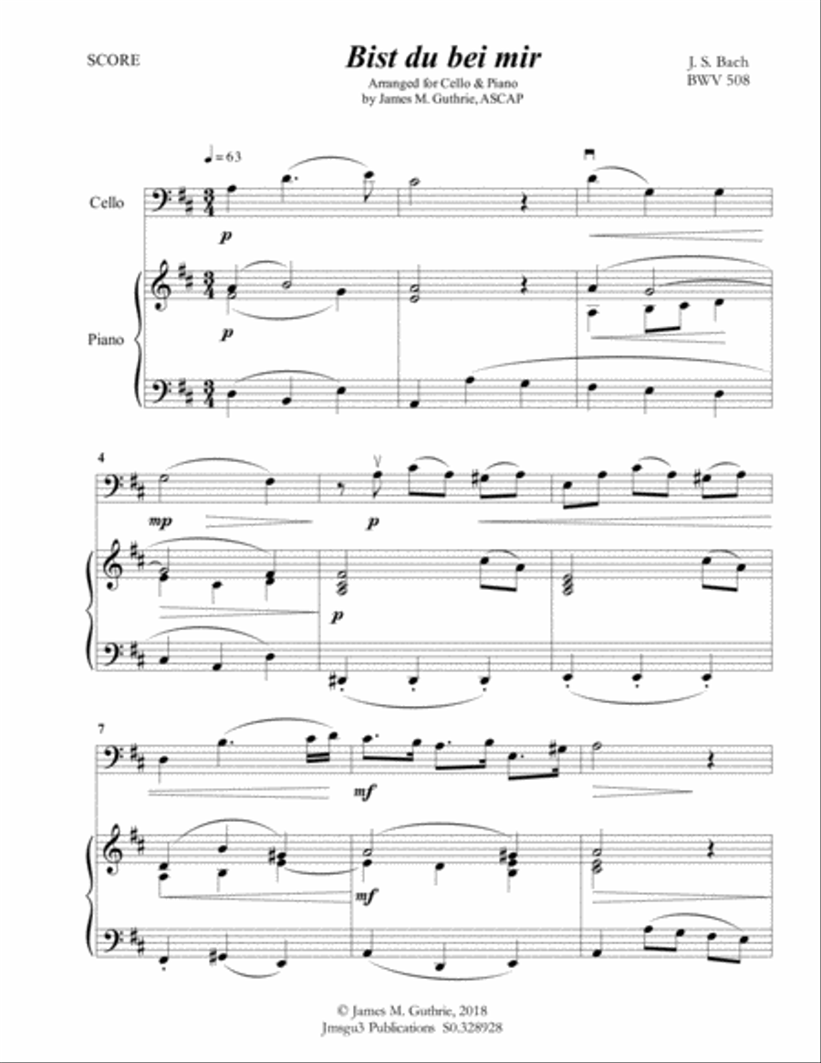Bach: Bist du bei mir BWV 508 for Cello & Piano Piano scores gallery preview page 1