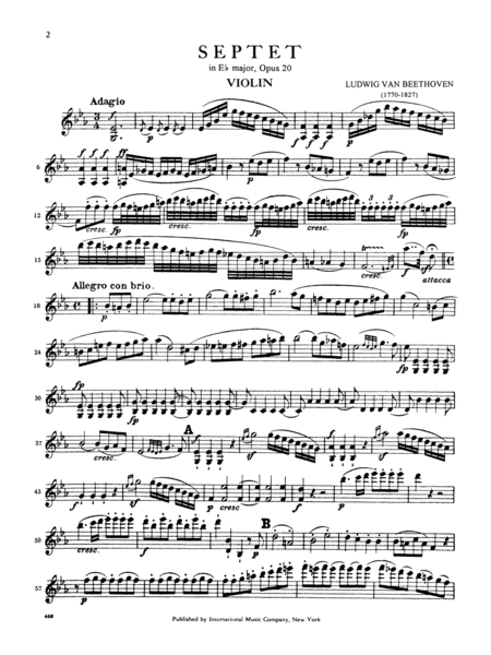 Septet In E Flat Major, Opus 20 For Violin, Viola, Cello, Bass, Clarinet, Horn & Bassoon