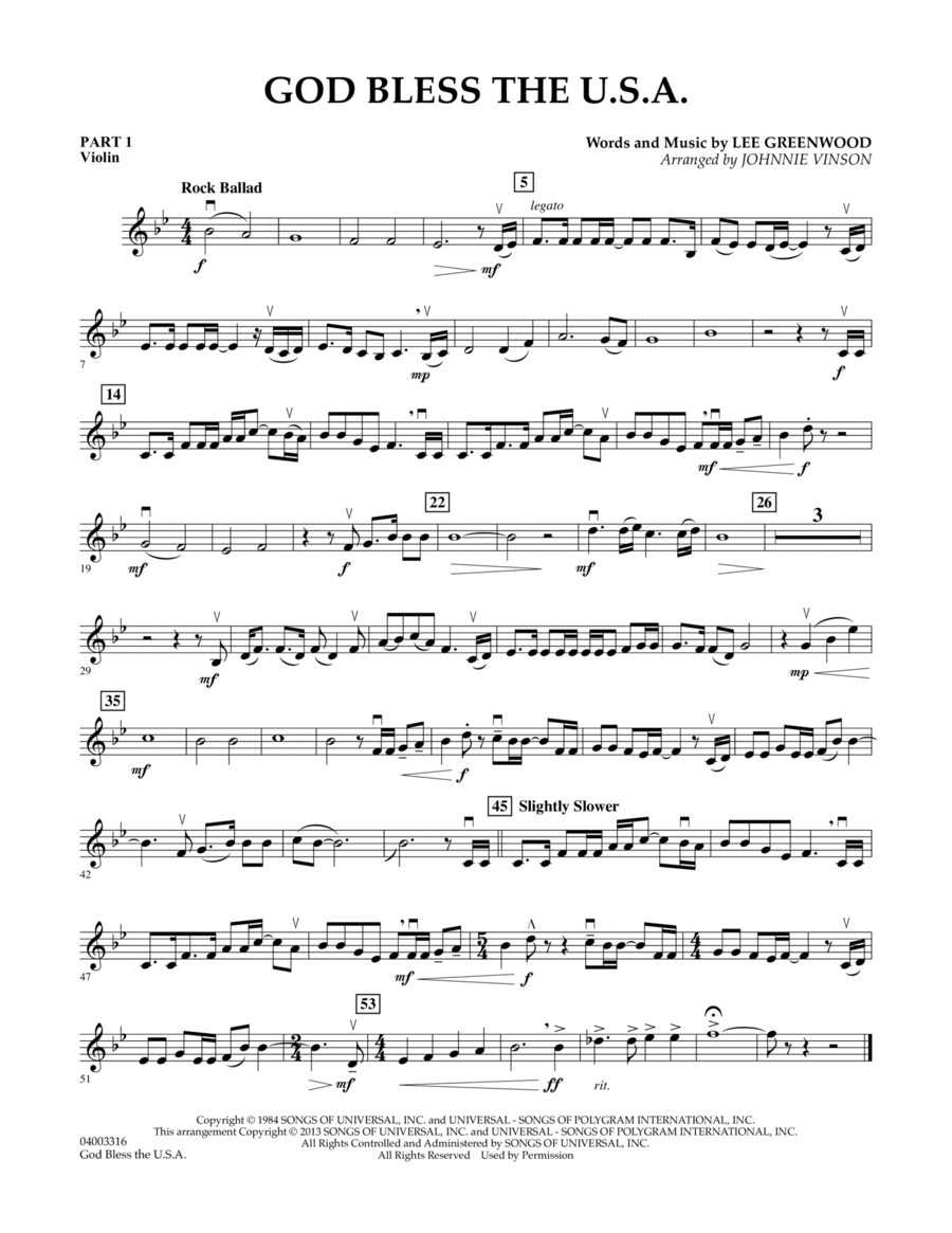 God Bless The U.S.A. - Pt.1 - Violin Concert Band scores gallery preview page 1