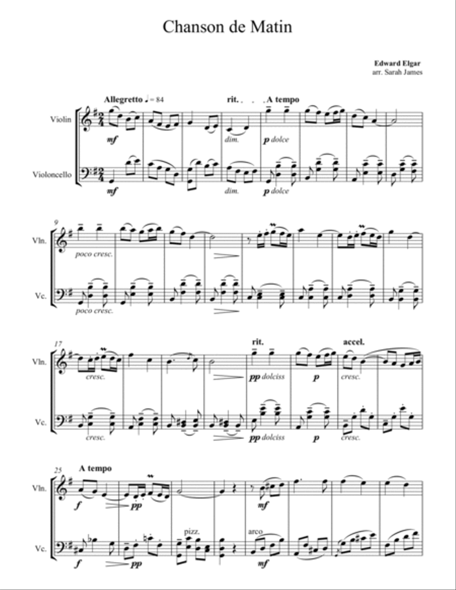 Chanson De Matin - Violin & Cello Arrangement by The Chapel Hill Duo String Duet scores gallery preview page 2