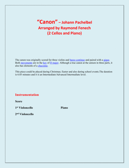Canon - Johann Pachelbel - 2 Cellos and Piano - Intermediate/ Advanced Intermediate Level image number null