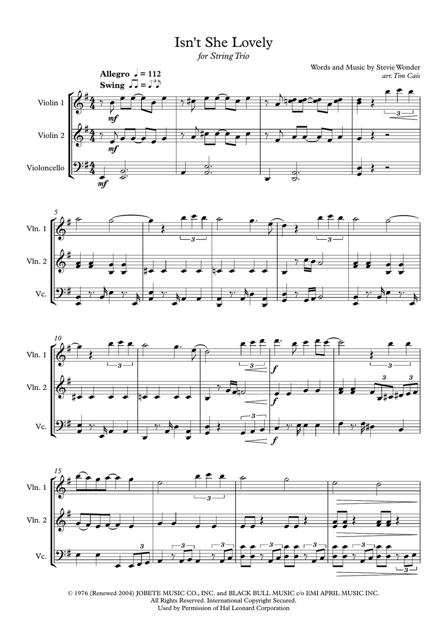 Isn't She Lovely String Trio scores gallery preview page 1