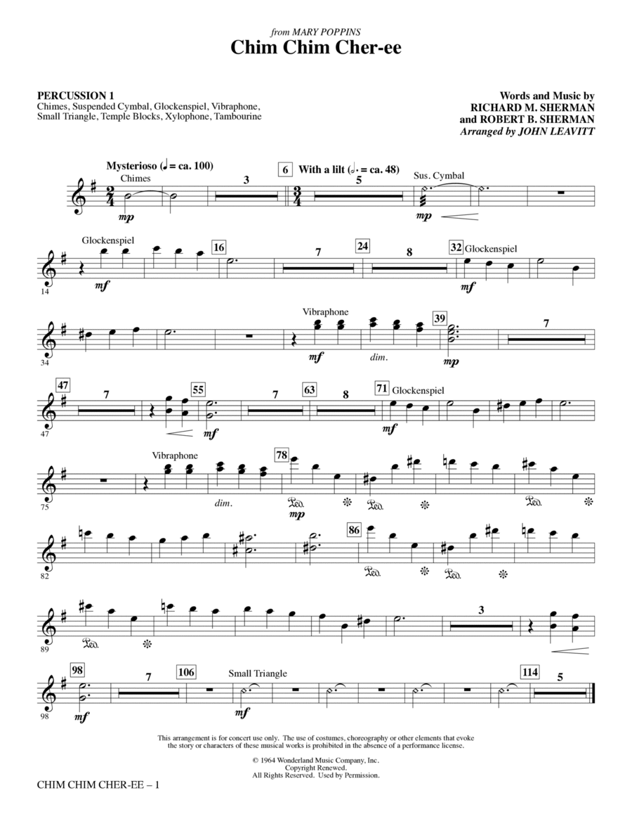 Chim Chim Cher-ee (arr. John Leavitt) - Percussion 1 Choir scores gallery preview page 1