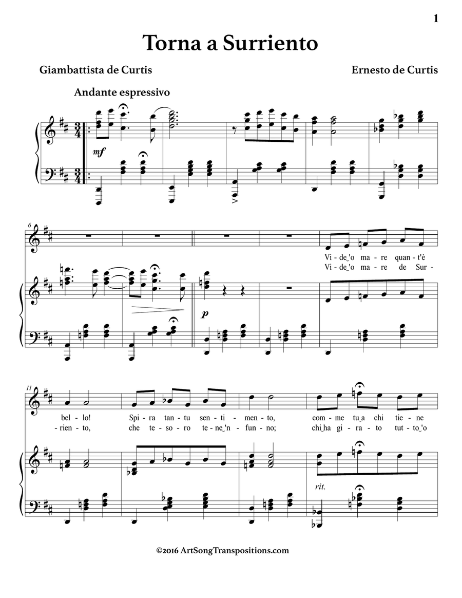 DE CURTIS: Torna a Surriento (transposed to D major) Piano, Vocal scores gallery preview page 2