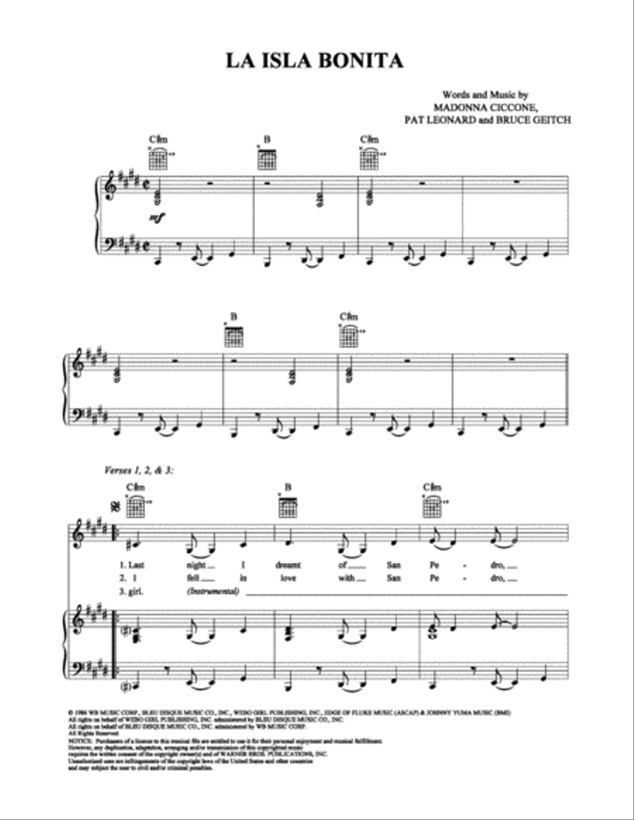 La Isla Bonita Piano, Vocal, Guitar scores gallery preview page 1
