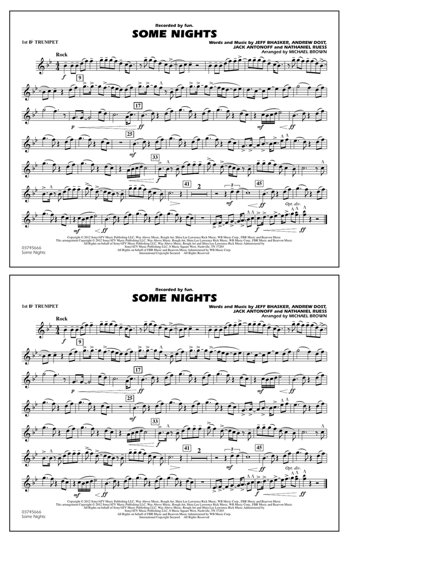 Some Nights - 1st Bb Trumpet Marching Band scores gallery preview page 1