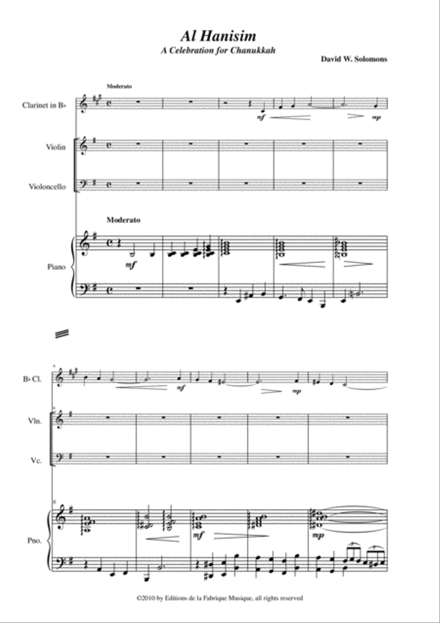David Warin Solomons: Al Hanisim : A Chanukkah Celebration for Bb clarinet, violin, cello and piano Small Ensemble scores gallery preview page 2