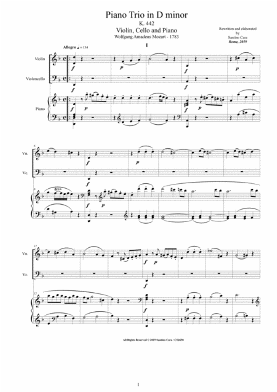 Mozart - Piano Trio in D minor K 442 for Violin, Cello and Piano - Score and Parts Piano Trio scores gallery preview page 1