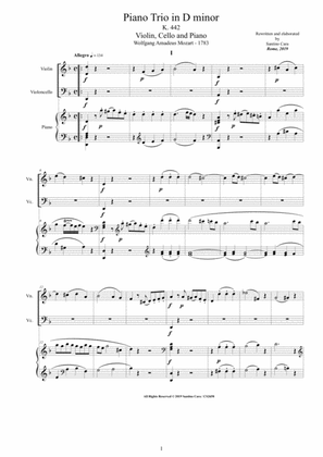 Book cover for Mozart - Piano Trio in D minor K 442 for Violin, Cello and Piano - Score and Parts