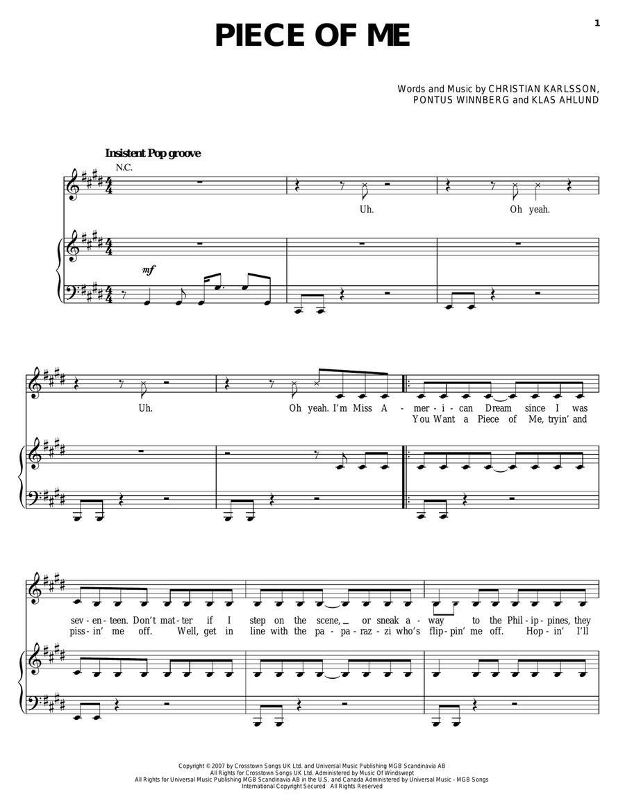 Piece Of Me Piano, Vocal, Guitar scores gallery preview page 1